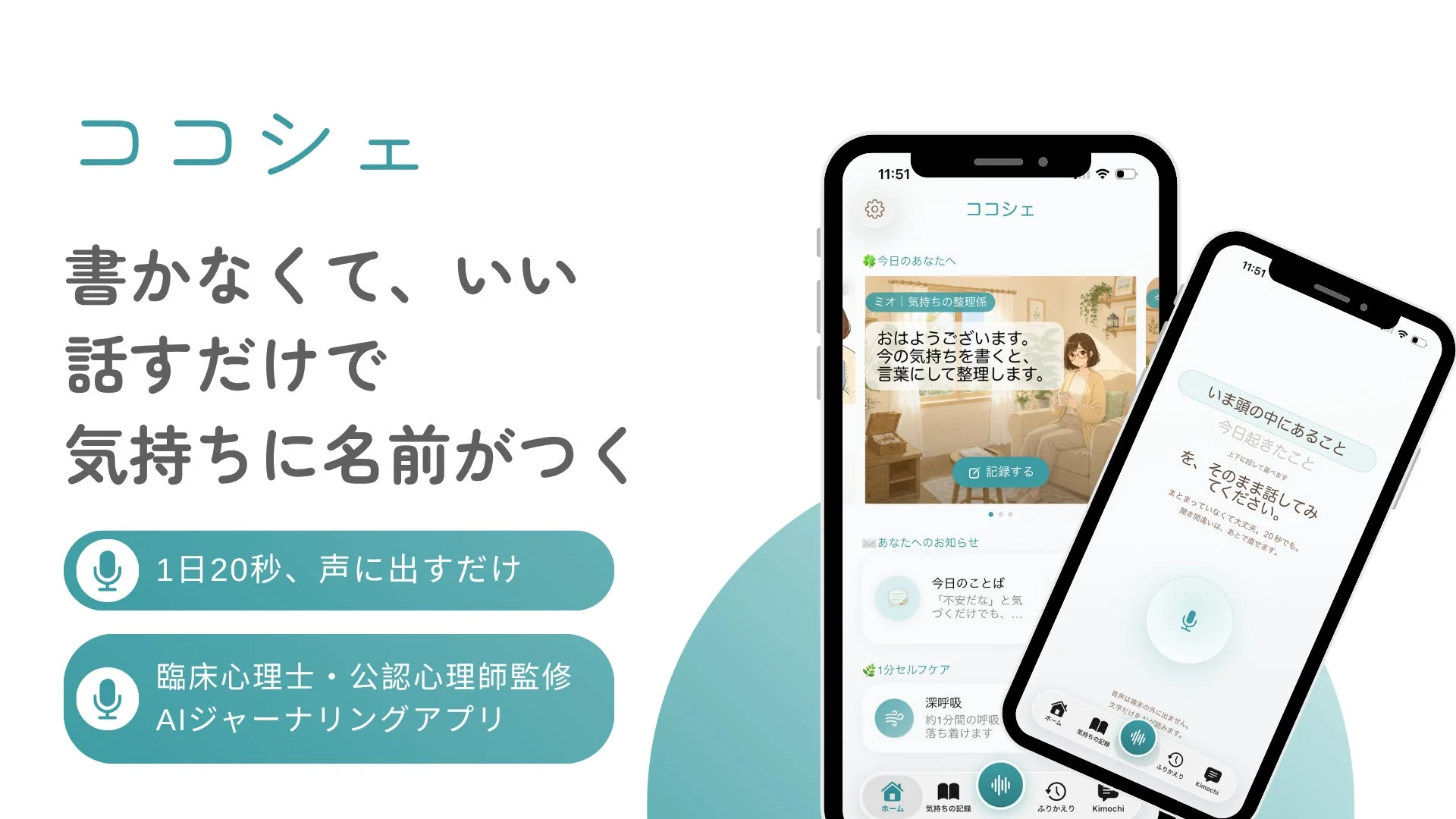 ココシエというAIジャーナリングアプリの広告画像です。書かずに声に出すだけで気持ちを整理し、感情に名前をつけられるという特徴をアピールしています。臨床心理士・公認心理師が監修しており、1日20秒の音声入力で手軽にセルフケアができる点が強調されています。