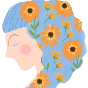 青い髪に花が咲く女性のイラスト