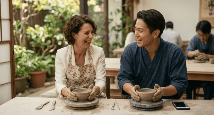 陶芸ワークショップで男女が笑顔で器を作っている様子