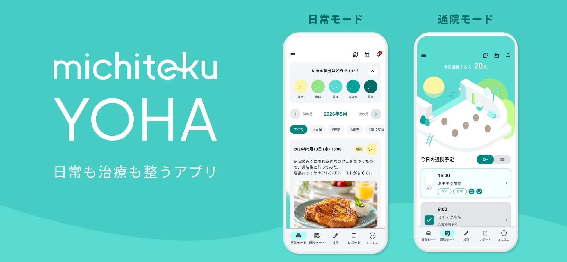 michiteku YOHAの基本的なUI、日常モード、通院モード