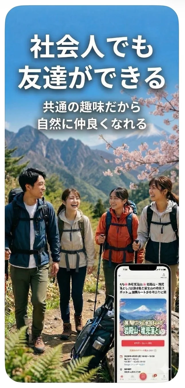 ハイキングを楽しむグループとアプリ画面