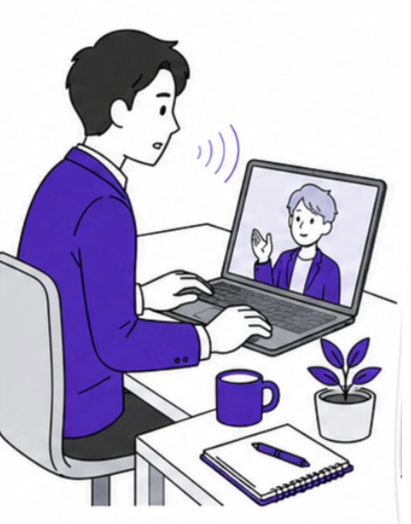オンライン会議に参加する男性のイラスト
