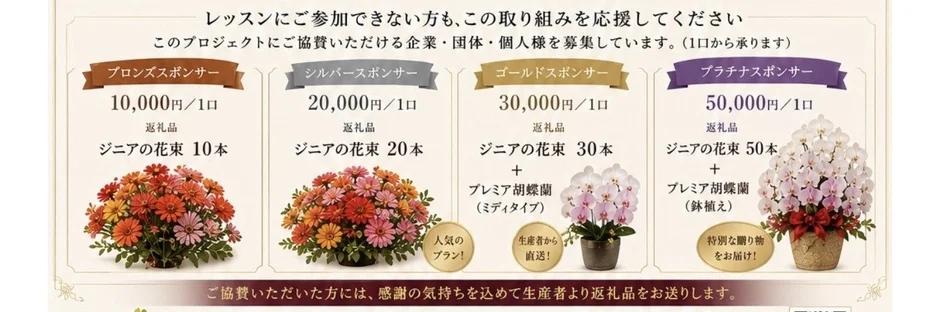 この画像は、プロジェクト支援のためのスポンサー募集案内です。ブロンズからプラチナまでの4つの協賛プランがあり、金額に応じてジニアの花束やプレミア胡蝶蘭が返礼品として提供されます。