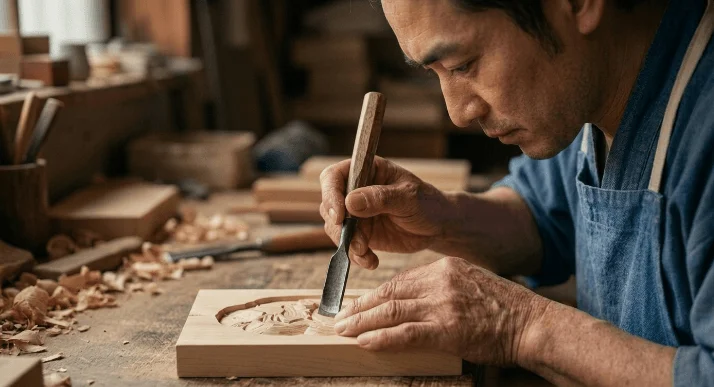 木彫り職人が作業している様子