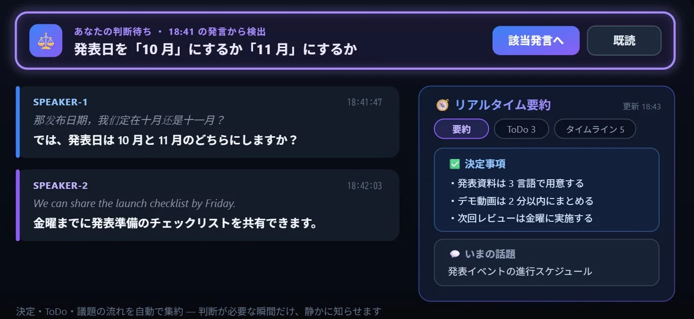 会議中のリアルタイム要約と決定事項の表示