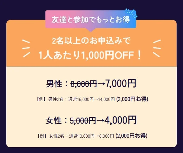 友達と参加でもっとお得 2名以上のお申込みで1人あたり1,000円OFFキャンペーン