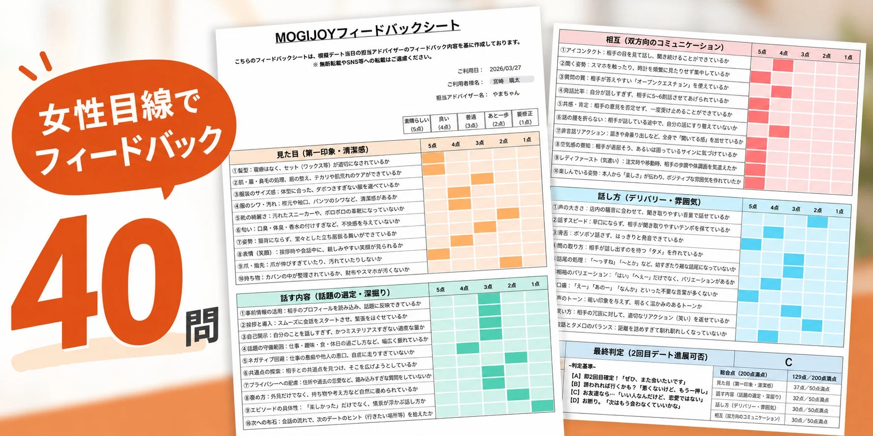 独自の評価シートによる客観的フィードバック