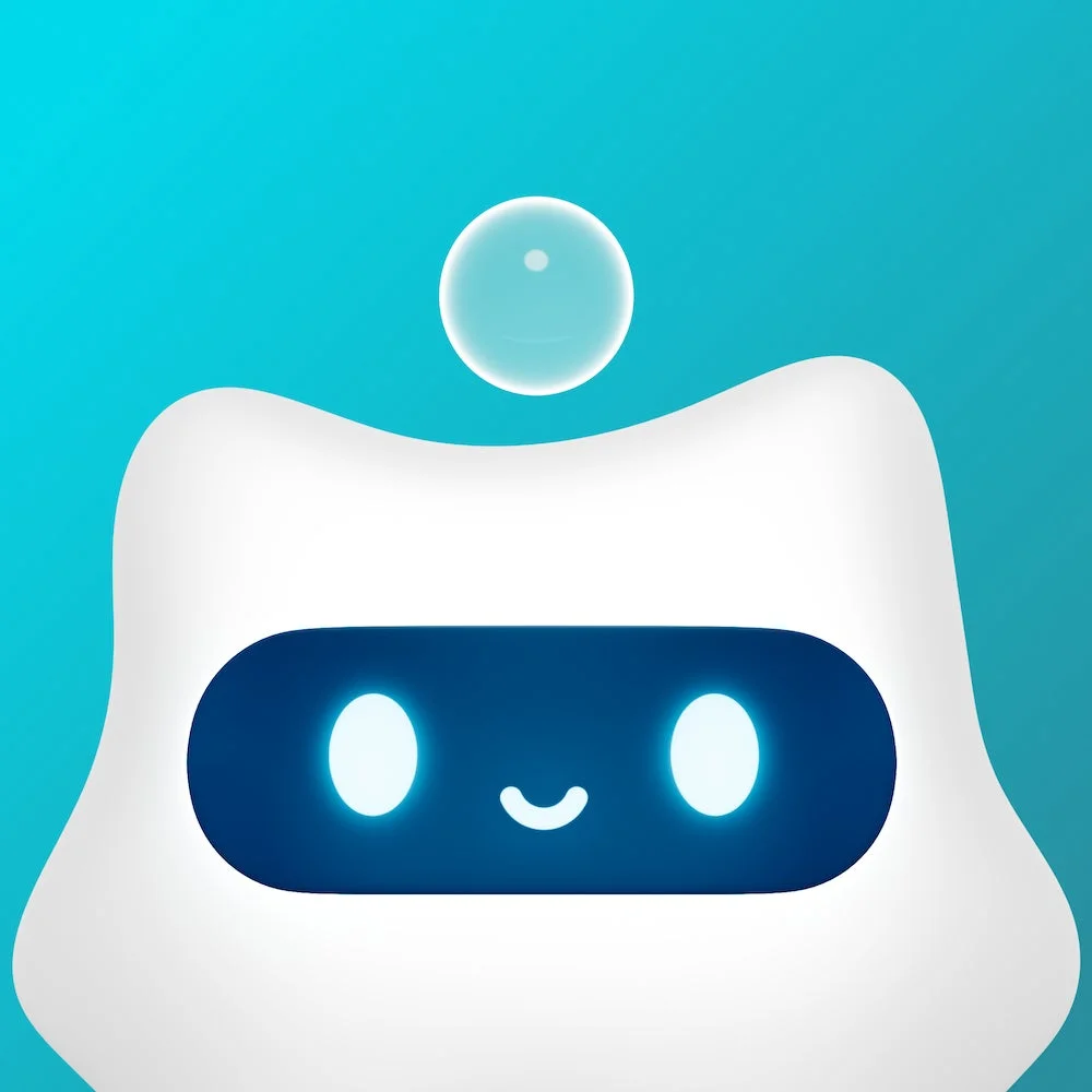 青いグラデーションの背景に、白くて丸みを帯びたロボットキャラクターが描かれています。青い顔には光る目と笑顔があり、頭上には透明な泡が浮いています。