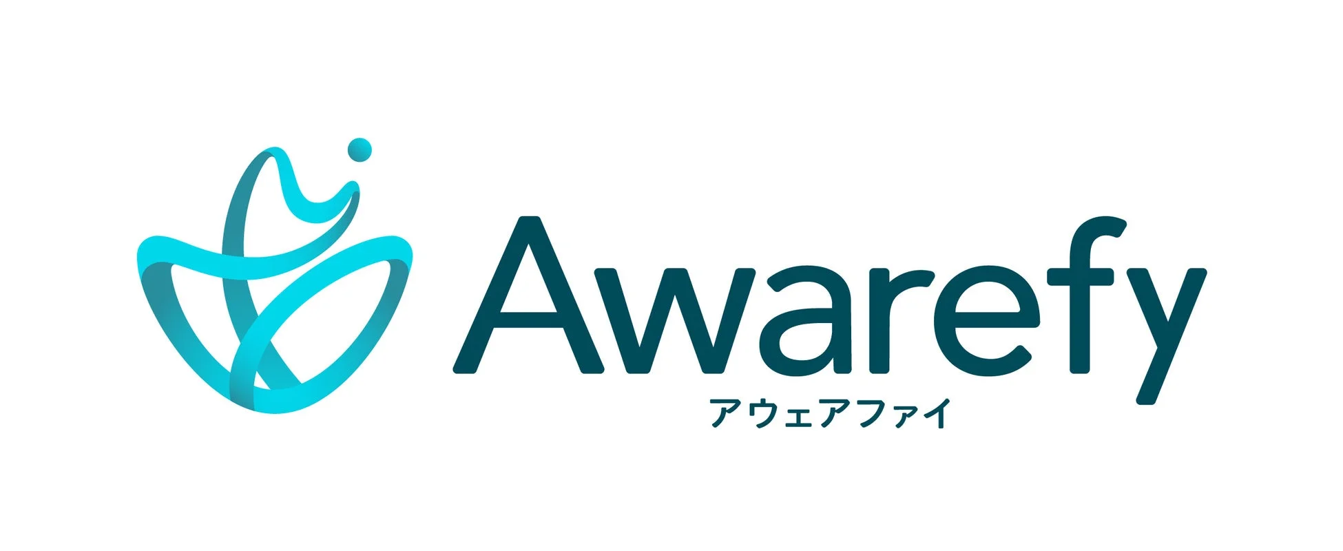 白背景に「Awarefy」という文字と、その下にカタカナで「アウェアファイ」と書かれたロゴマークの画像です。左側には、流れるような青いリボン状のデザインが配置されています。